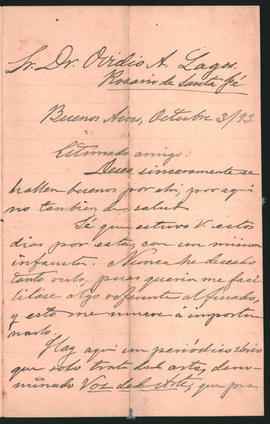 Carta de C. [Matthos] a Ovidio A. Lagos enviada desde Buenos Aires el 3 de octubre de 1893