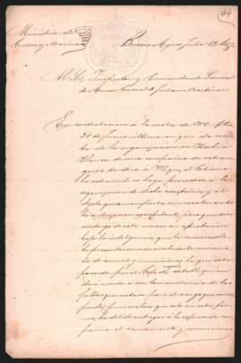 Nota del Ministro de Guerra y Marina, Pastor Obligado, al Inspector y Comandante General de Armas, Coronel Julián Martínez,