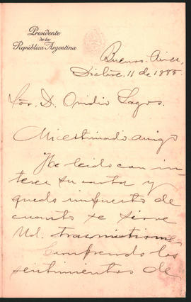 Carta de Julio A. Roca a Ovidio Lagos enviada el 11 de diciembre de 1885