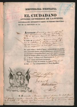 Certificado extendido por el Jefe Supremo del Perú, Antonio Gutiérrez de la Fuente a Marcos Justo...