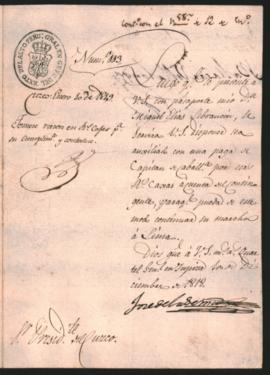 Nota de José de La Serna, al Presidente de Cuzco, para que Miguel Elias Lebrancón sea auxiliado