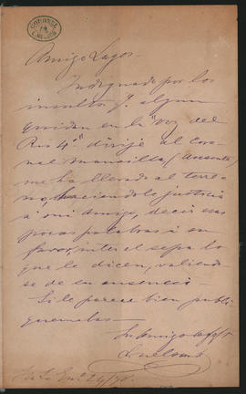 Carta del coronel L[eopoldo] Nelson a Ovidio Lagos enviada en 1878