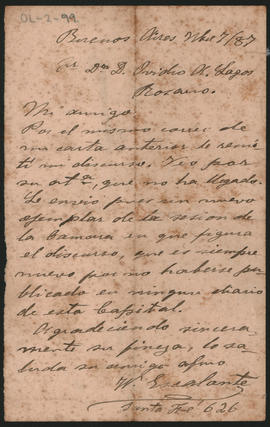 Carta de Wenceslao Escalante a Ovidio Lagos enviada desde Buenos Aires el 7 de noviembre de 1887