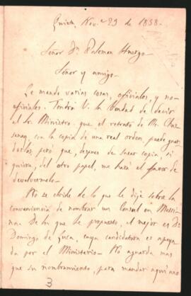 Carta de Pedro de Angelis a Filemón Huergo, transmitiéndole un mensaje para el Ministro