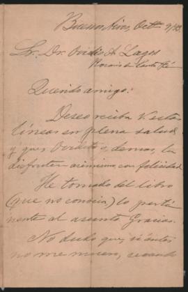 Carta de Carlos Mathon a Ovidio A. Lagos enviada desde Buenos Aires el 9 de octubre de 1893
