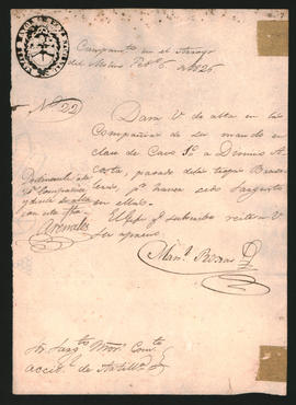 Orden del General Manuel Rojas al Sargento Mayor de Artillería, disponiendo dé de alta en la clas...