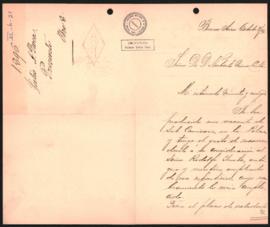 Carta de Julio Argentino Roca a Norberto Quirno Costa del 8 de octubre de 1896.