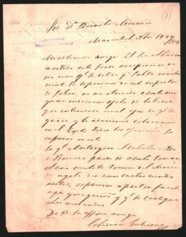 Carta de Celedonio Gutiérrez a Bernabé [Marañón?], comentándole que el señor Abasca estuvo para des­pedirse porque se retira a Salta