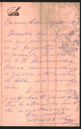 Carta de Ovidio Lagos a Ovidio Amadeo Lagos, enviada en mayo de 1890