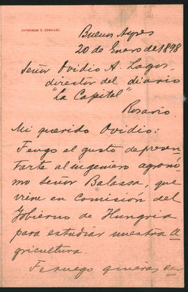 Carta de Estanislao S. Zeballos a Ovidio A. Lagos enviada el 20 de enero de 1898
