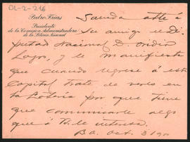 Carta de Pedro Frías a Ovidio A. Lagos enviada desde Buenos Aires el 3 de octubre de 1900