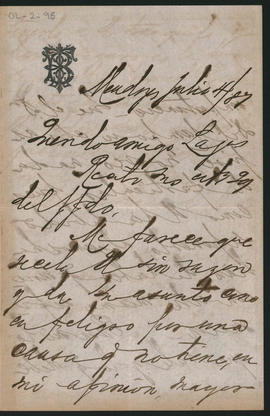 Carta de I. Benegas a Ovidio Lagos enviada desde Mendoza el 4 de julio de 1887.