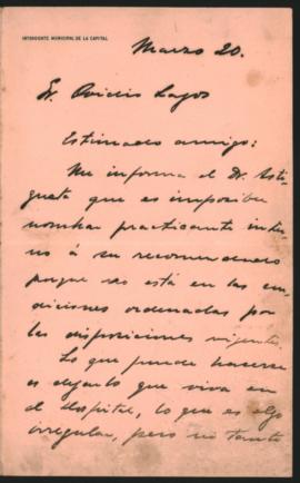 Carta de [Francisco] a Ovidio A. Lagos el 20 de marzo de [...]