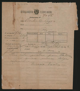 Telegrama de Nicasio Oroño a Ovidio A. Lagos enviado el 27 de mayo de 1892.
