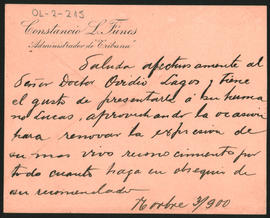 Nota de Constancio L. Funes, Admnistrador de Tribuna, a Ovidio A. Lagos (1854-1916) enviada el 3 ...