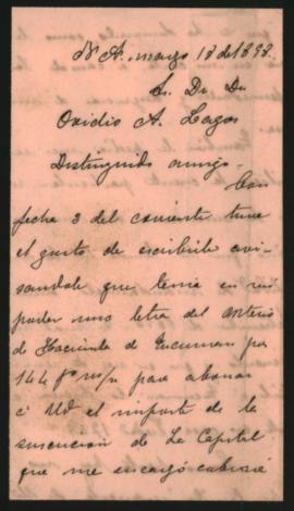 Carta de Luis F. Araoz a Ovidio A. Lagos enviada desde Buenos Aires el 18 de marzo de 1898