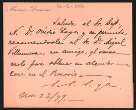 Nota de Mariana Demaria a Ovidio A. Lagos enviada el 23 de noviembre de 1899