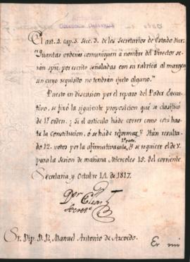 Nota del Secretario del Congreso General, Doctor José Eugenio de Elías, al diputado Manuel Antoni...